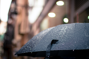 a woman walking in the rain holding an umbrella